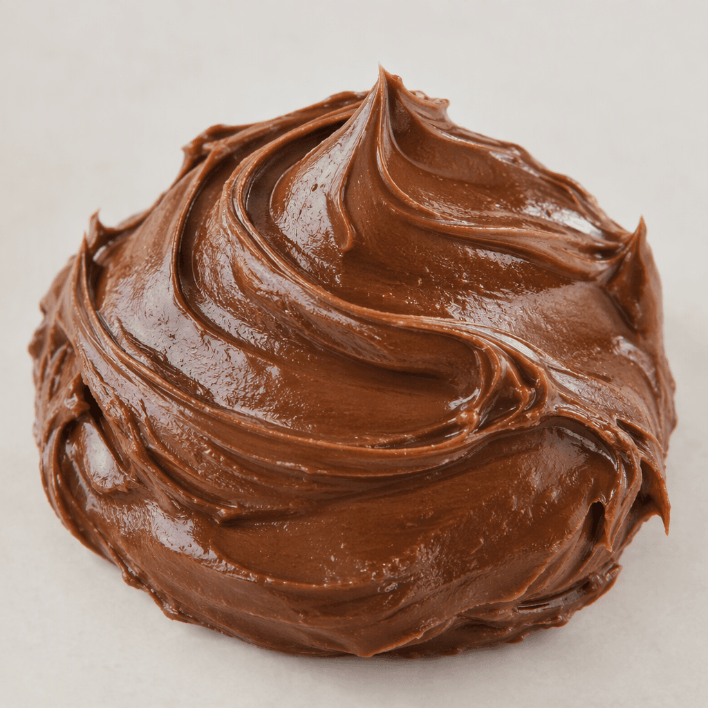 A thick, smooth, glossy cocoa-brown spread sits in a soft mound with gentle swirls across its surface.