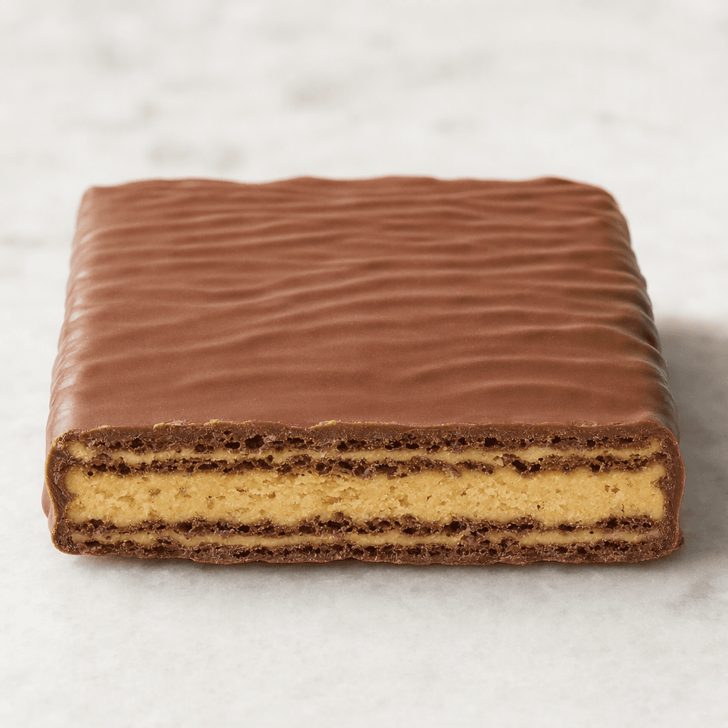 A rectangular chocolate wafer with crisp, thin layered edges and a visible pale peanut-cream filling, coated in smooth brown chocolate with a lightly ridged surface.