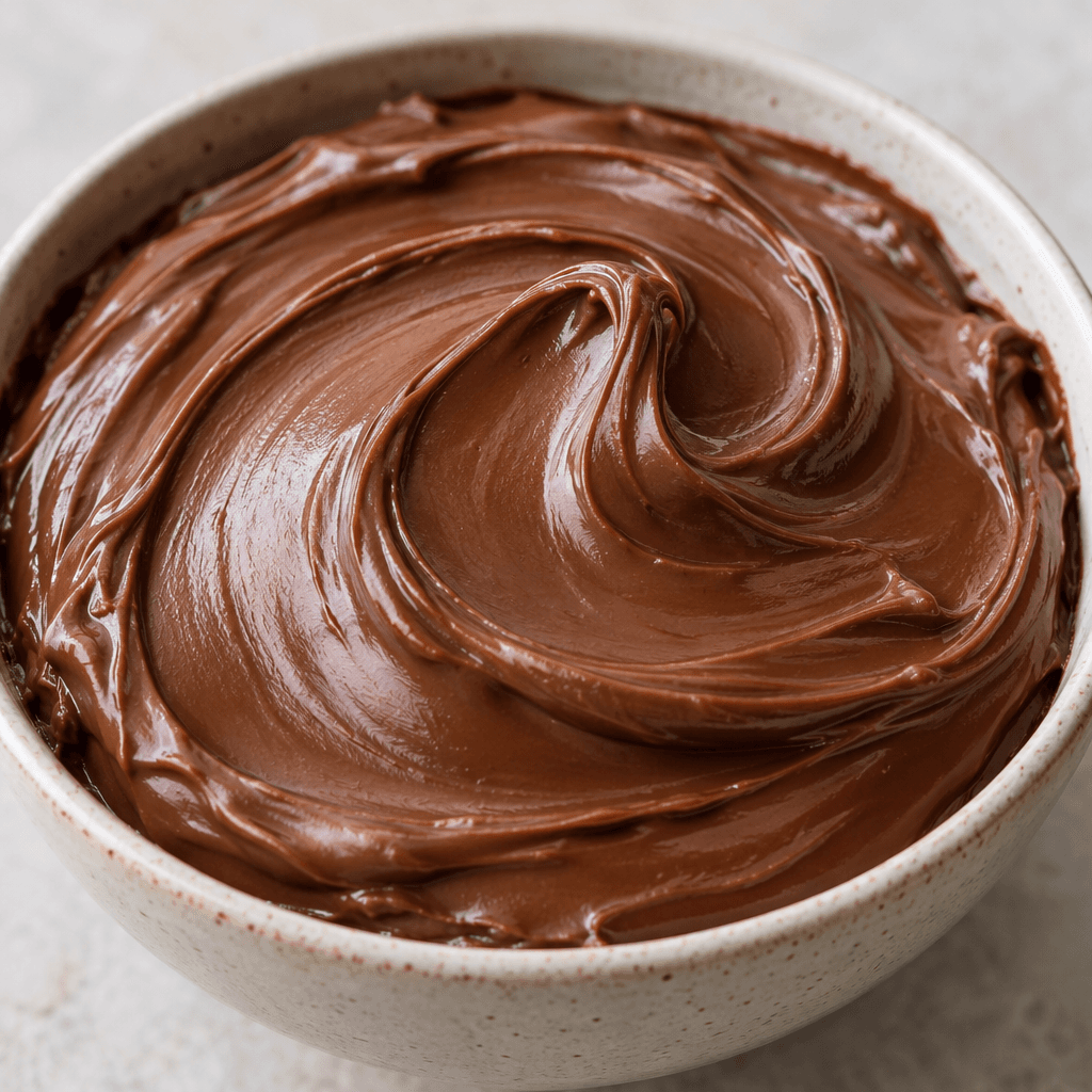 A thick, smooth, glossy cocoa-brown spread sits in soft swirls with an even, creamy surface.