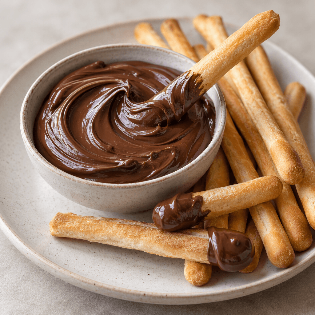 A smooth, glossy, dark brown cocoa-hazelnut spread sits in a small dish beside slender golden breadsticks, with a few breadsticks dipped into the spread.