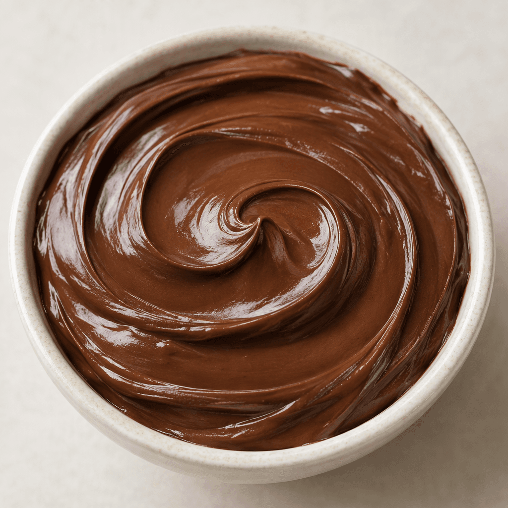 A thick, smooth, glossy deep-brown cocoa spread sits in a soft swirl, with an even surface and no visible pieces.