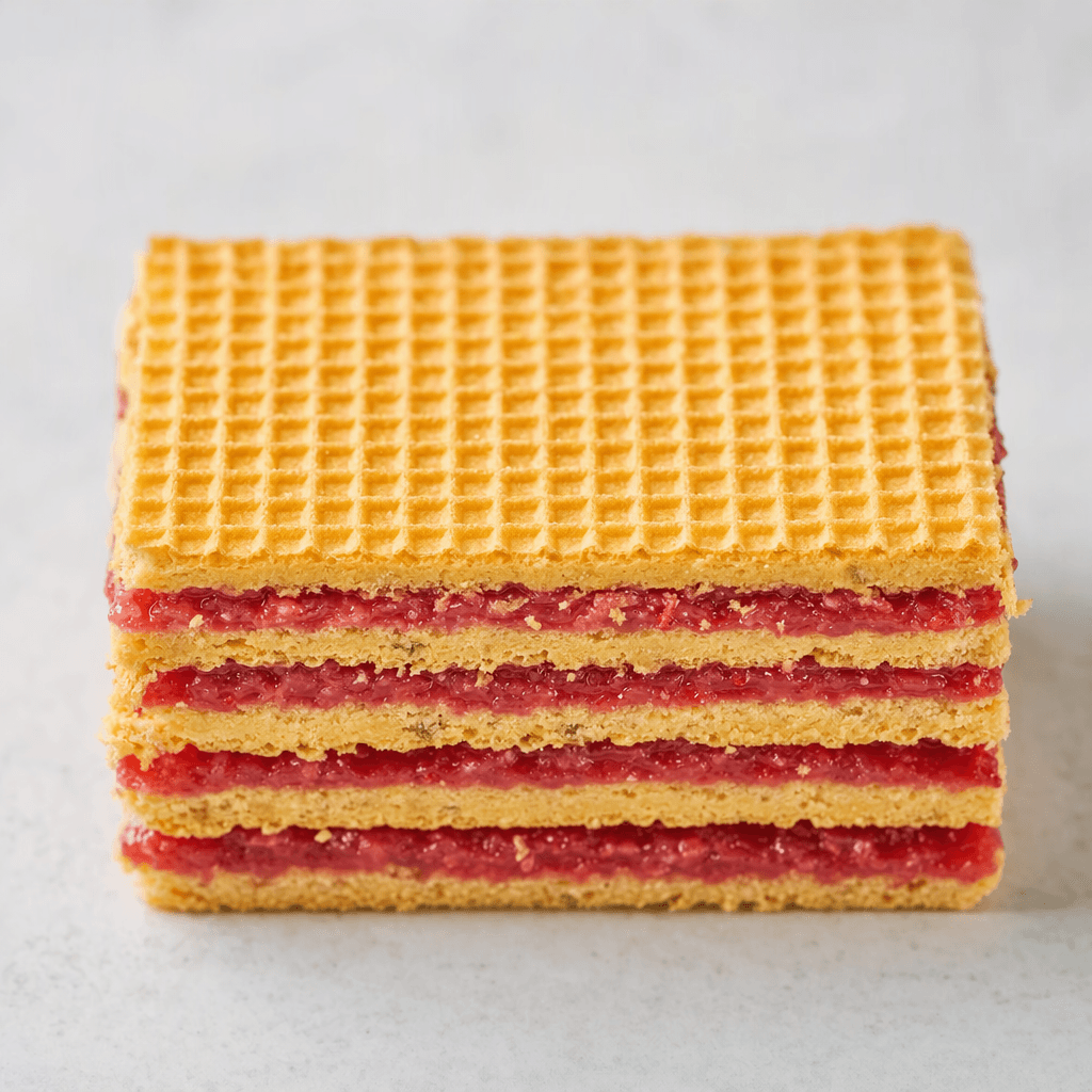 A rectangular wafer with crisp, golden grid-patterned layers and vivid red-berry filling visible between them.