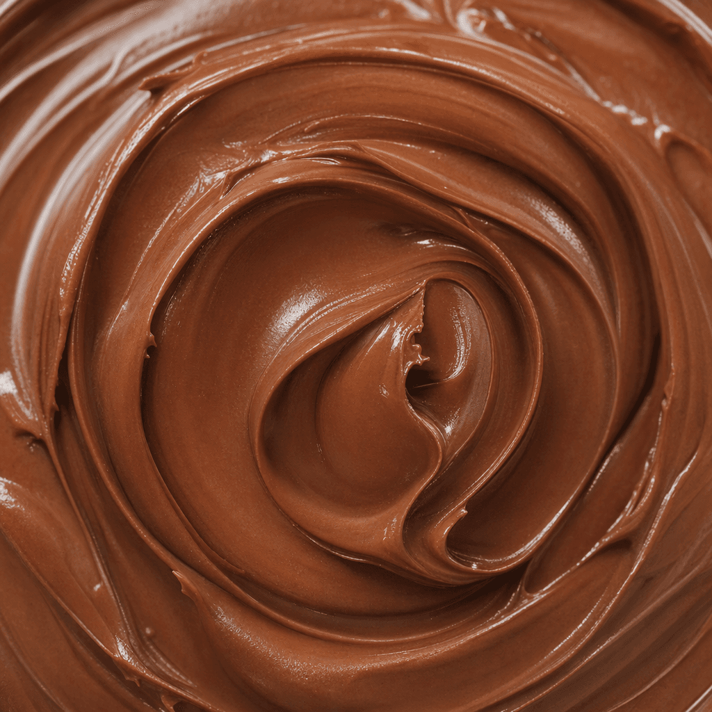 A thick, smooth, glossy chocolate-brown spread with soft swirls and rounded ridges across its surface.