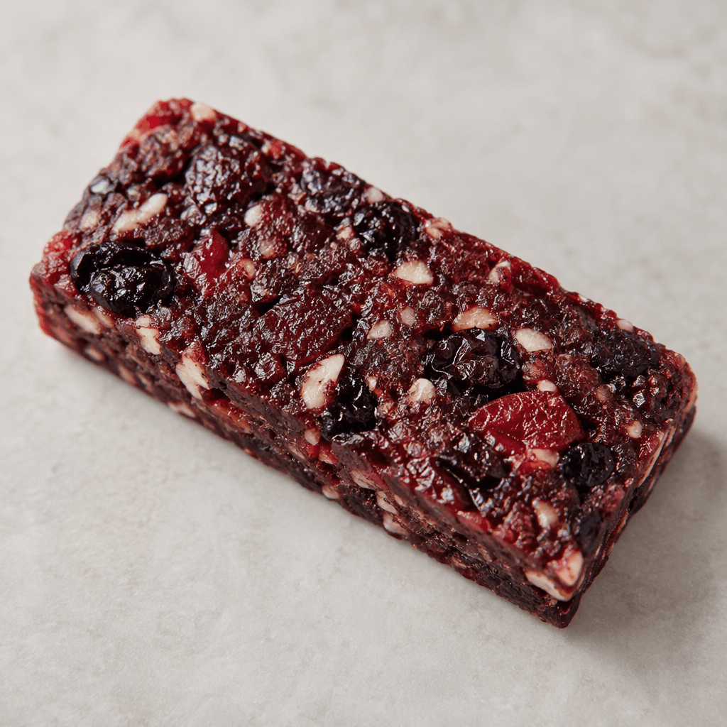 A compact rectangular fruit bar with a dense, dark reddish-purple surface and small, uneven pieces of fruit visible throughout.