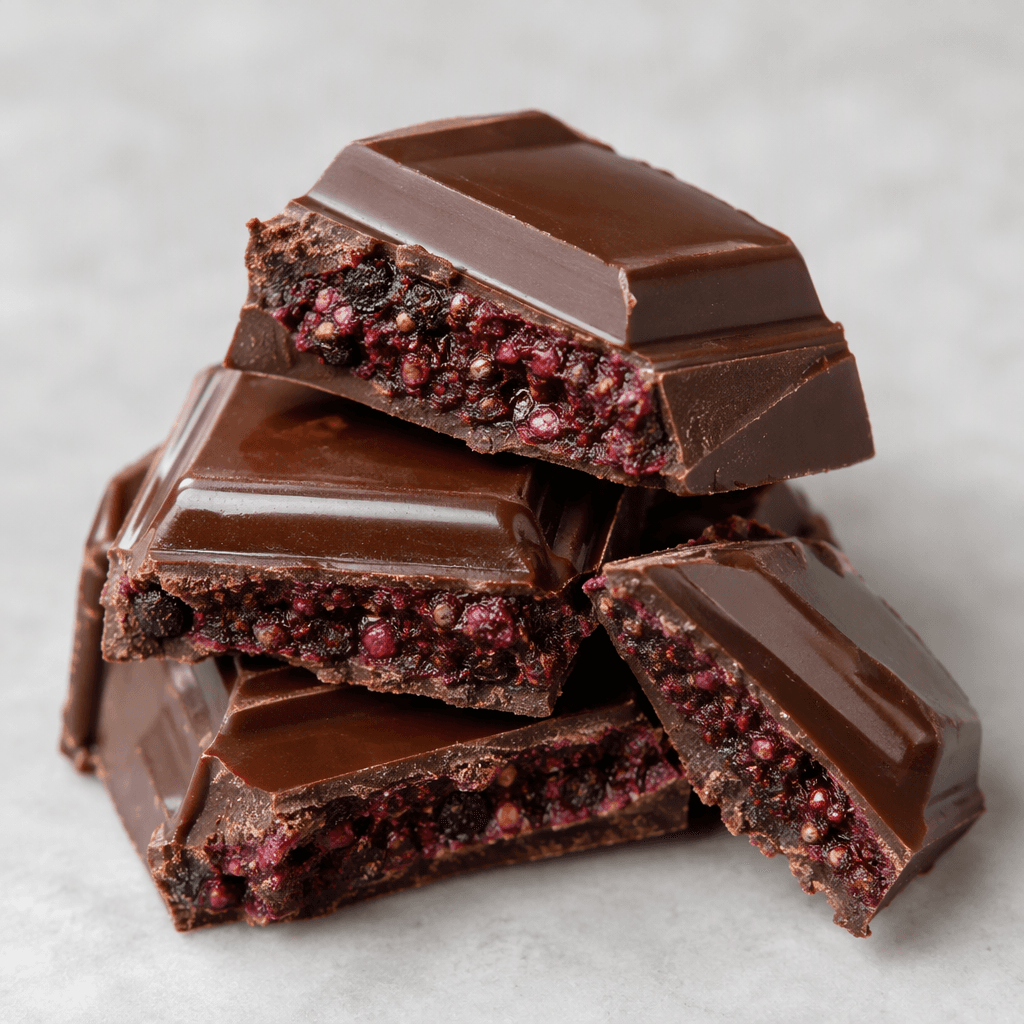 A glossy brown chocolate bar is broken into chunky pieces, with a deep-red, berry-speckled filling visible at the edges.