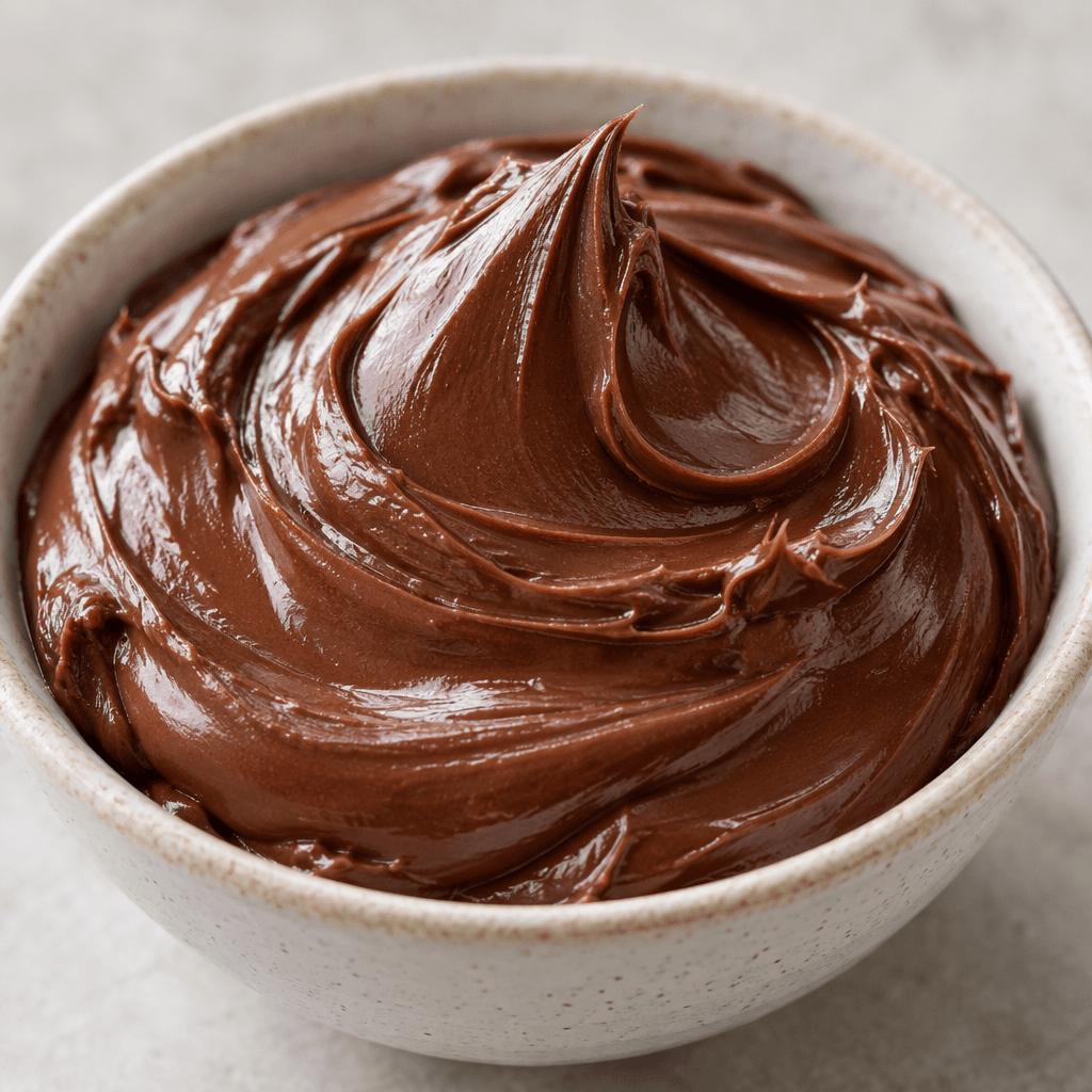 A thick, smooth, dark-brown hazelnut-and-cocoa spread sits in a soft mound, with a slight sheen and no visible pieces.