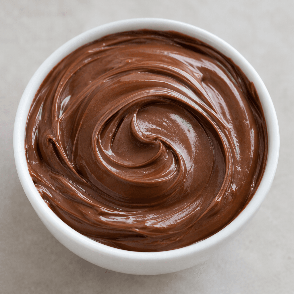 A thick, smooth, glossy chocolate-brown spread sits in a soft swirl, with a uniform creamy texture and no visible pieces.