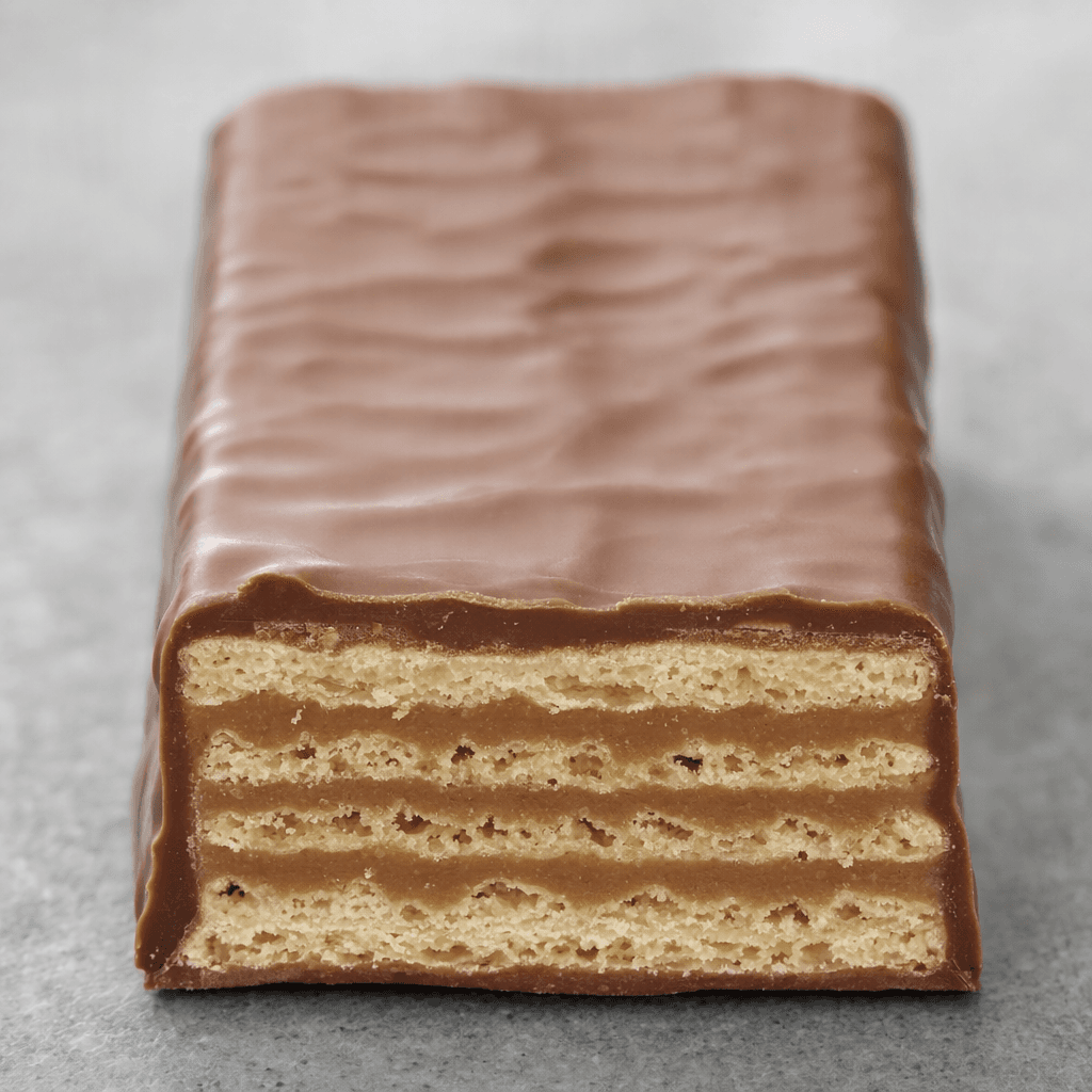 A rectangular wafer bar is covered in smooth milk chocolate, with crisp pale wafer layers and a brown hazelnut filling visible at the cut end.