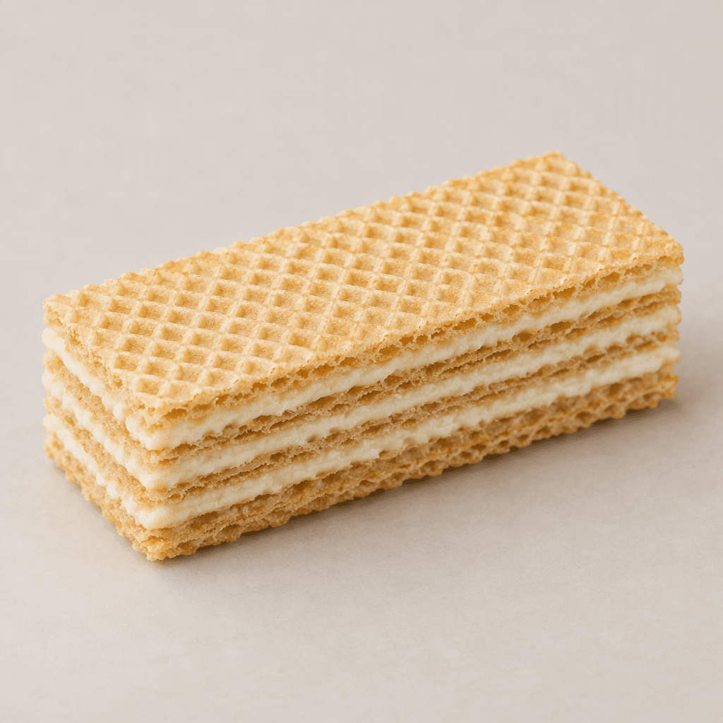 A rectangular wafer bar with crisp, pale-golden layers and thin bands of light milk-coloured cream, its ridged edges and stacked layers visible.