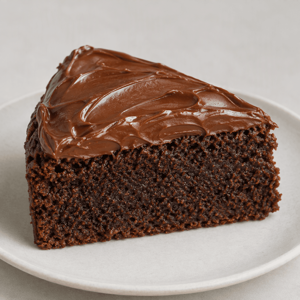 A dense, dark buckwheat cake is served in a slice, with a smooth, glossy layer of chocolate-hazelnut spread over the top.
