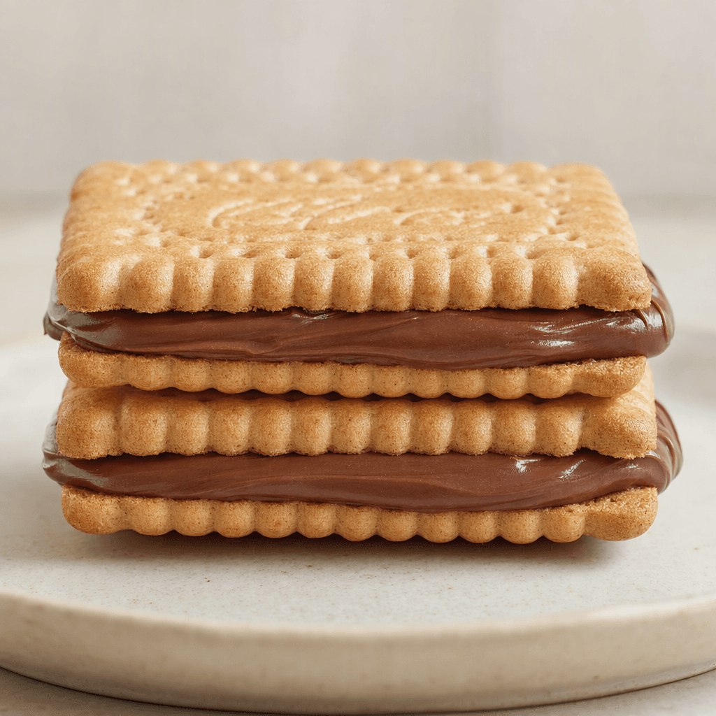 Rectangular golden-brown biscuits with scalloped edges and a fine embossed pattern are layered with glossy, thick brown hazelnut-cocoa spread, with a little spread visible between them.