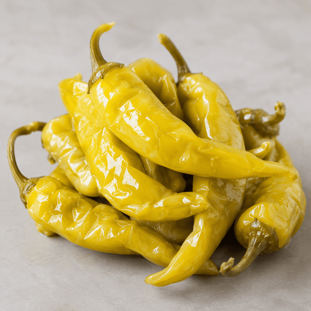 Glossy bright-yellow peppers with elongated, slightly curved shapes and softened, wrinkled skins, arranged whole and glistening with brine.
