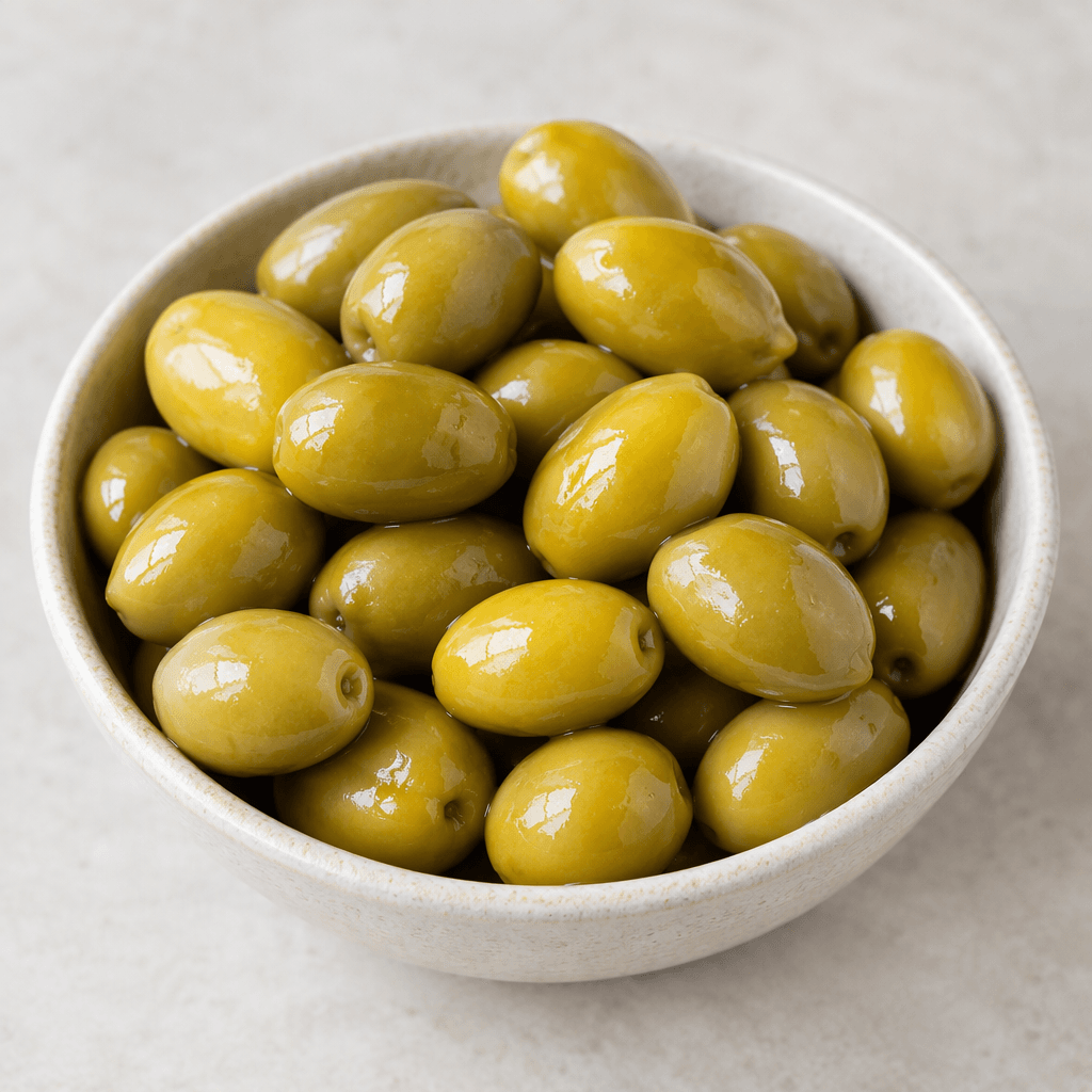 Small oval olives with smooth, glossy skins in pale yellow to golden-green tones, shown whole in a simple serving dish.