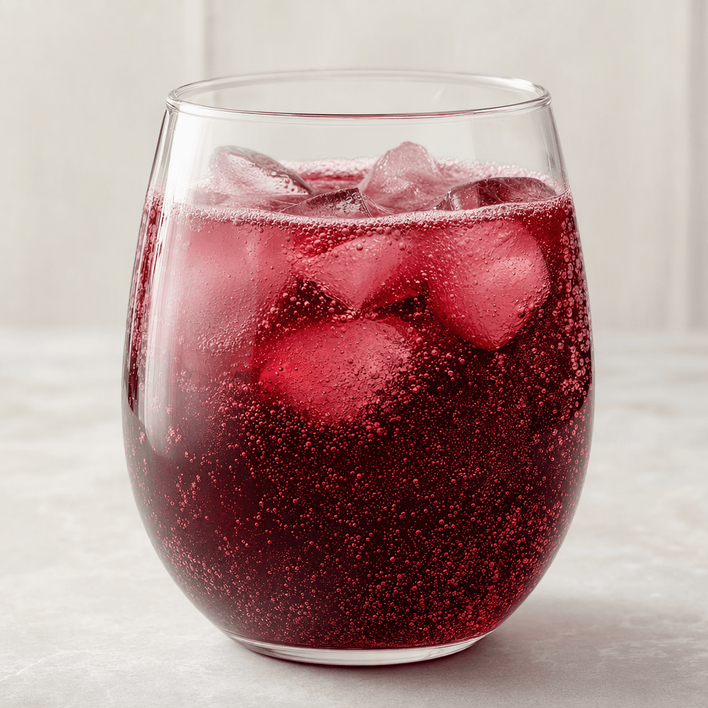 A deep purple-red, slightly translucent fizzy drink with fine bubbles, served in a clear glass.