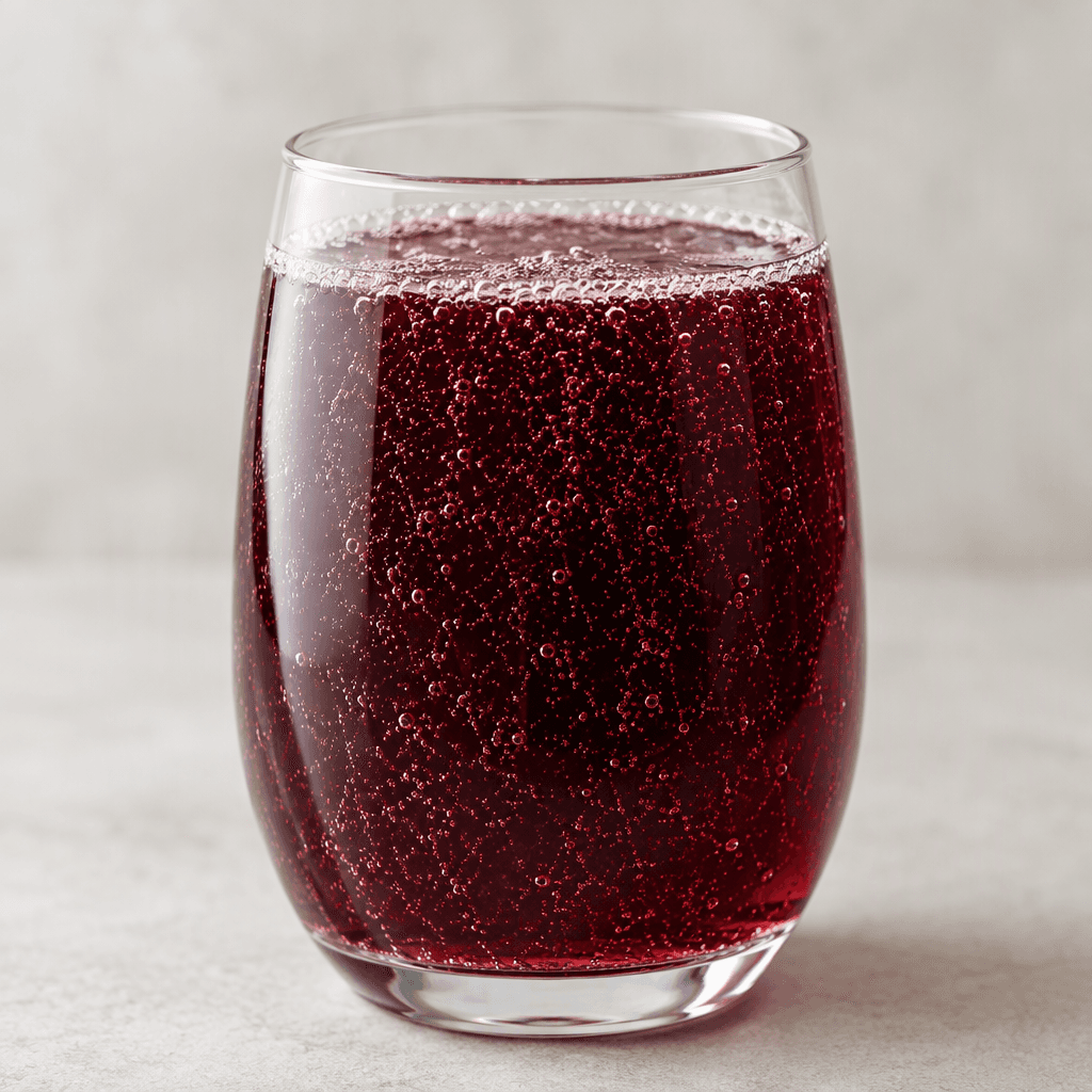 A clear, deep burgundy-purple sparkling drink with fine bubbles, served in a transparent glass.
