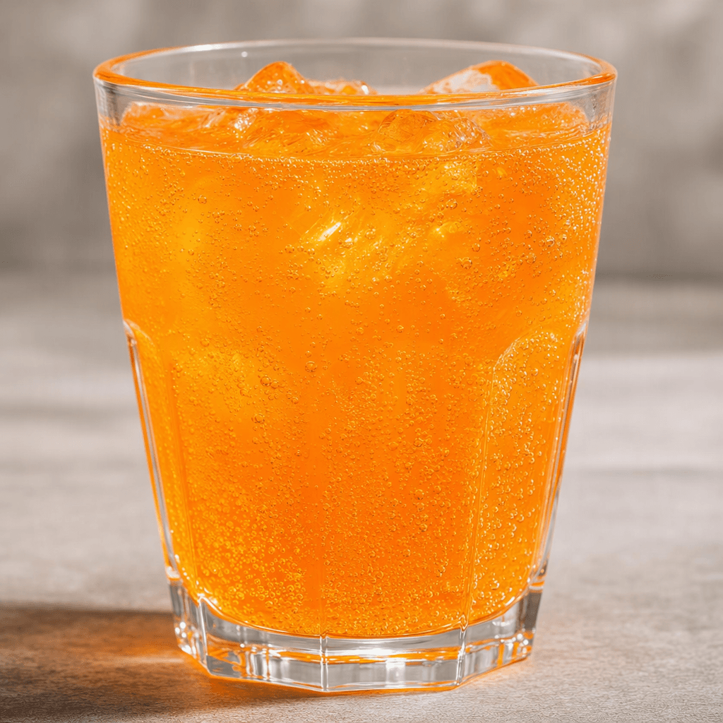 Bright orange, slightly translucent soda fills a clear glass, with fine bubbles rising through the drink.