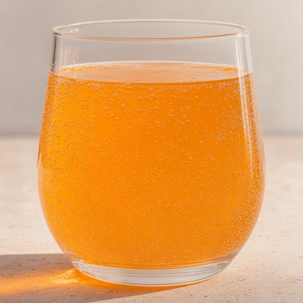 Clear, pale orange carbonated liquid with fine bubbles, served in a transparent glass.