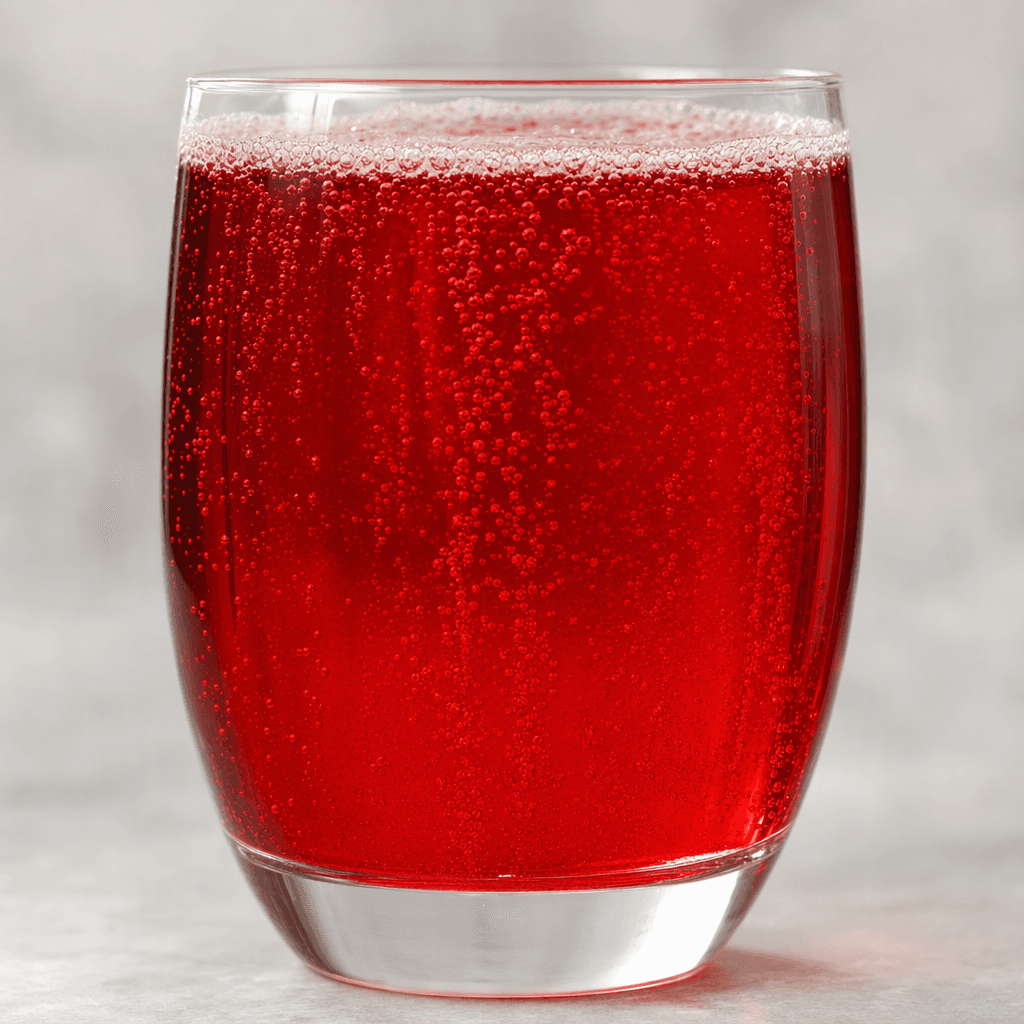 A clear ruby-red carbonated drink served in a glass, with fine bubbles rising through the liquid and a light fizz at the surface.