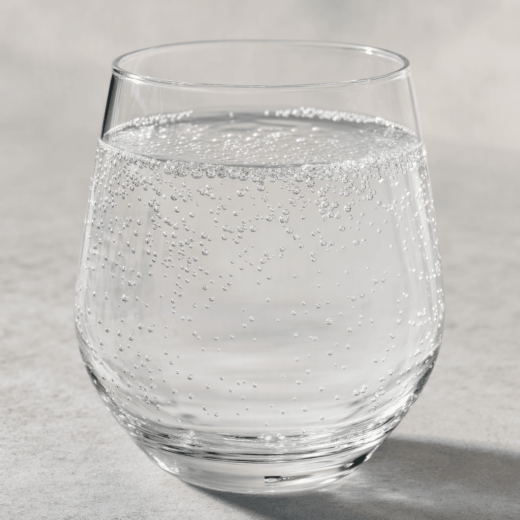 A clear, colorless fizzy soda with fine bubbles, served in a glass.