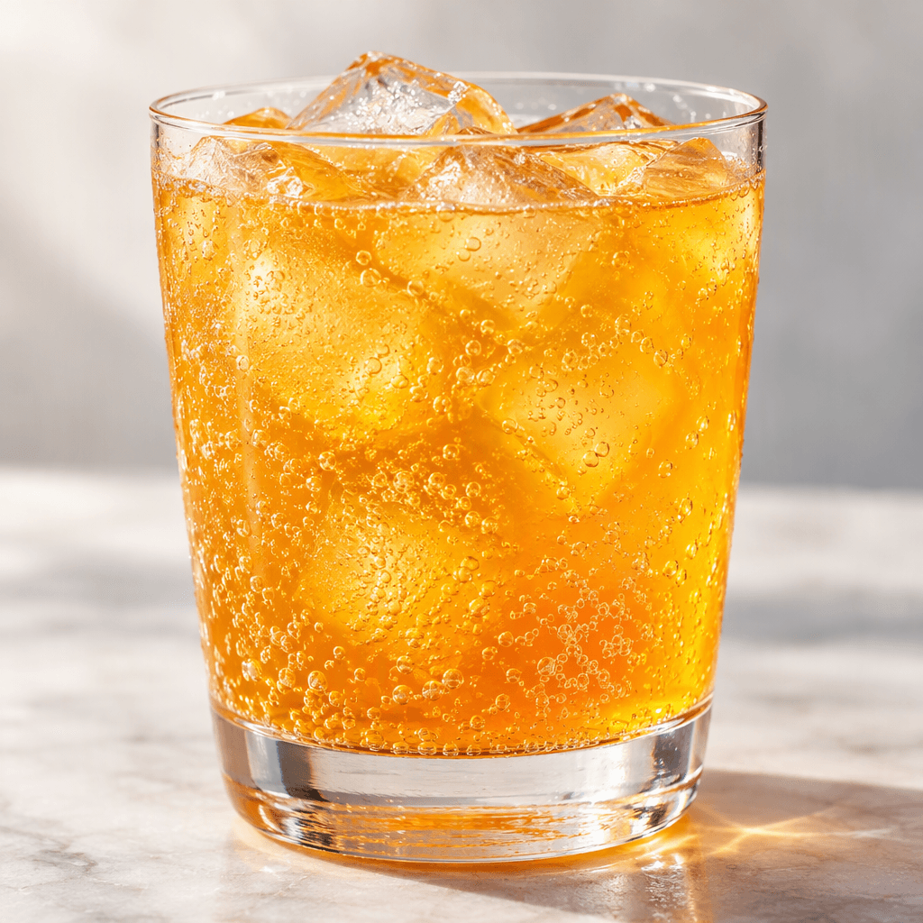 A clear, bright golden-orange fizzy drink with fine bubbles, served over ice in a transparent glass.