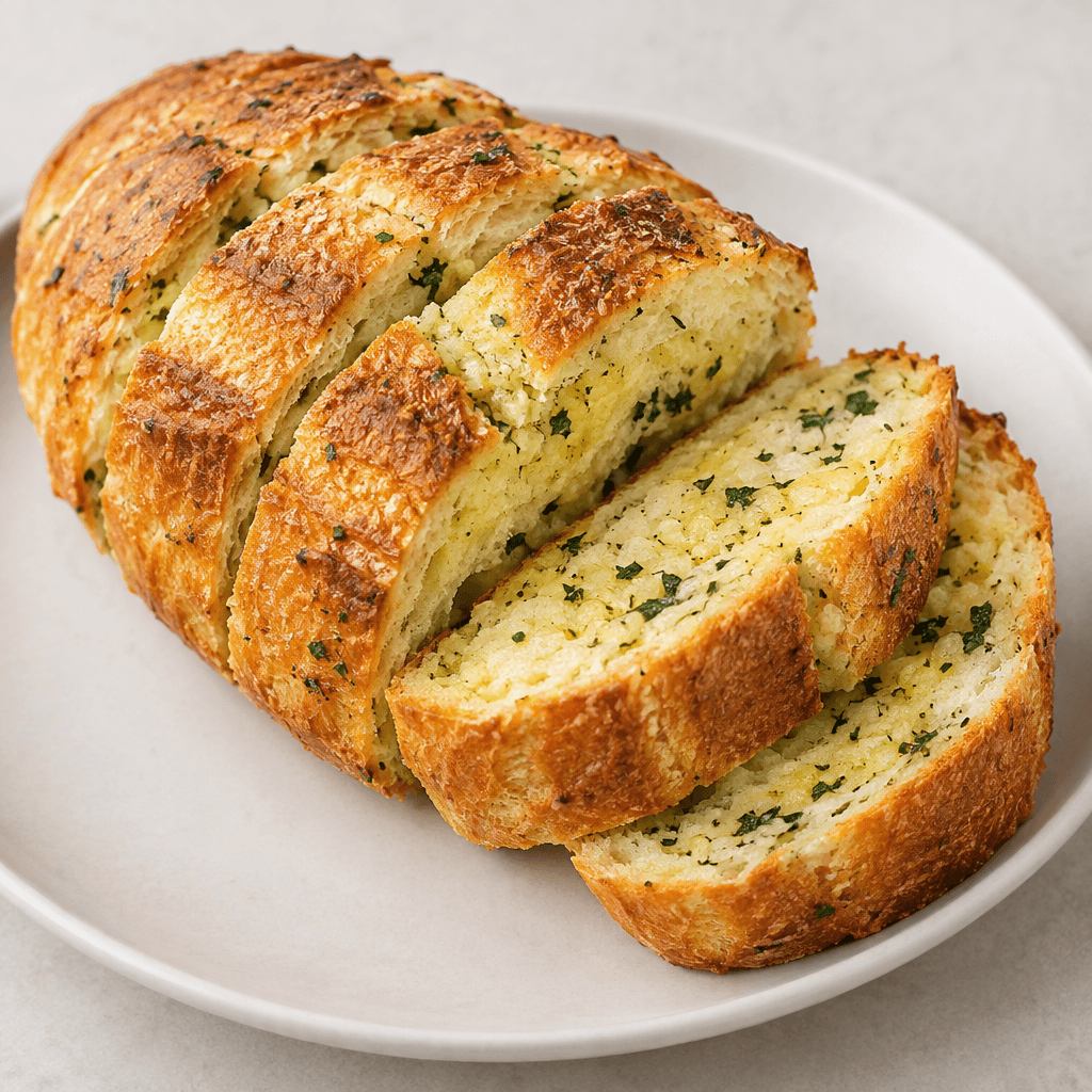 A golden-brown split loaf with a crisp, ridged surface, pale buttery garlic spread visible in the cuts, and small green parsley flecks, served in thick slices on a plate.