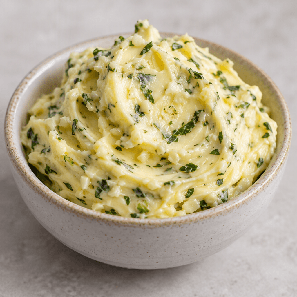 Pale yellow garlic butter with small visible flecks of minced garlic and green herbs, softly whipped into a smooth, creamy mound on a small dish.