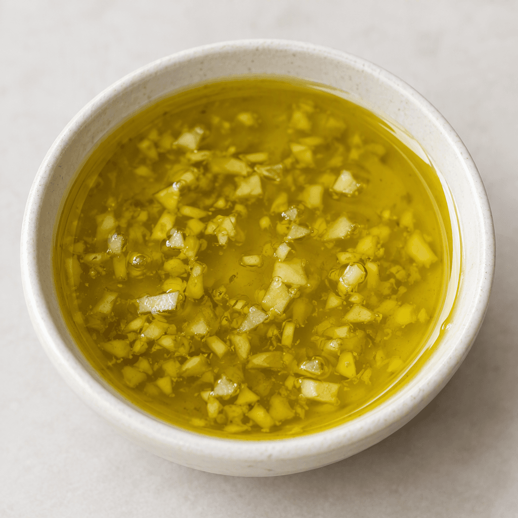 Clear, glossy golden-green olive oil sits in a shallow dish, with small pale pieces of garlic visible beneath its surface.