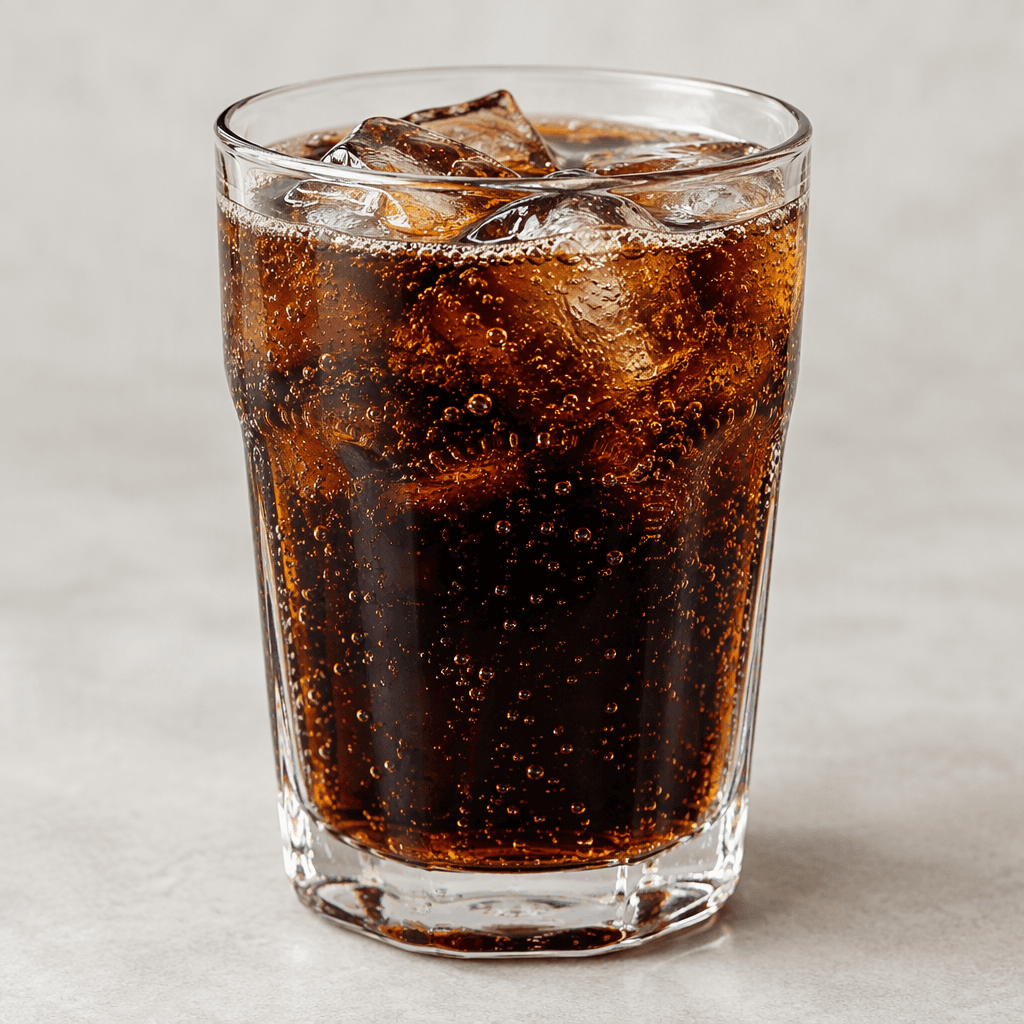 Dark brown, nearly black carbonated liquid with fine bubbles and a faint amber glow at the edges, served in a clear glass.