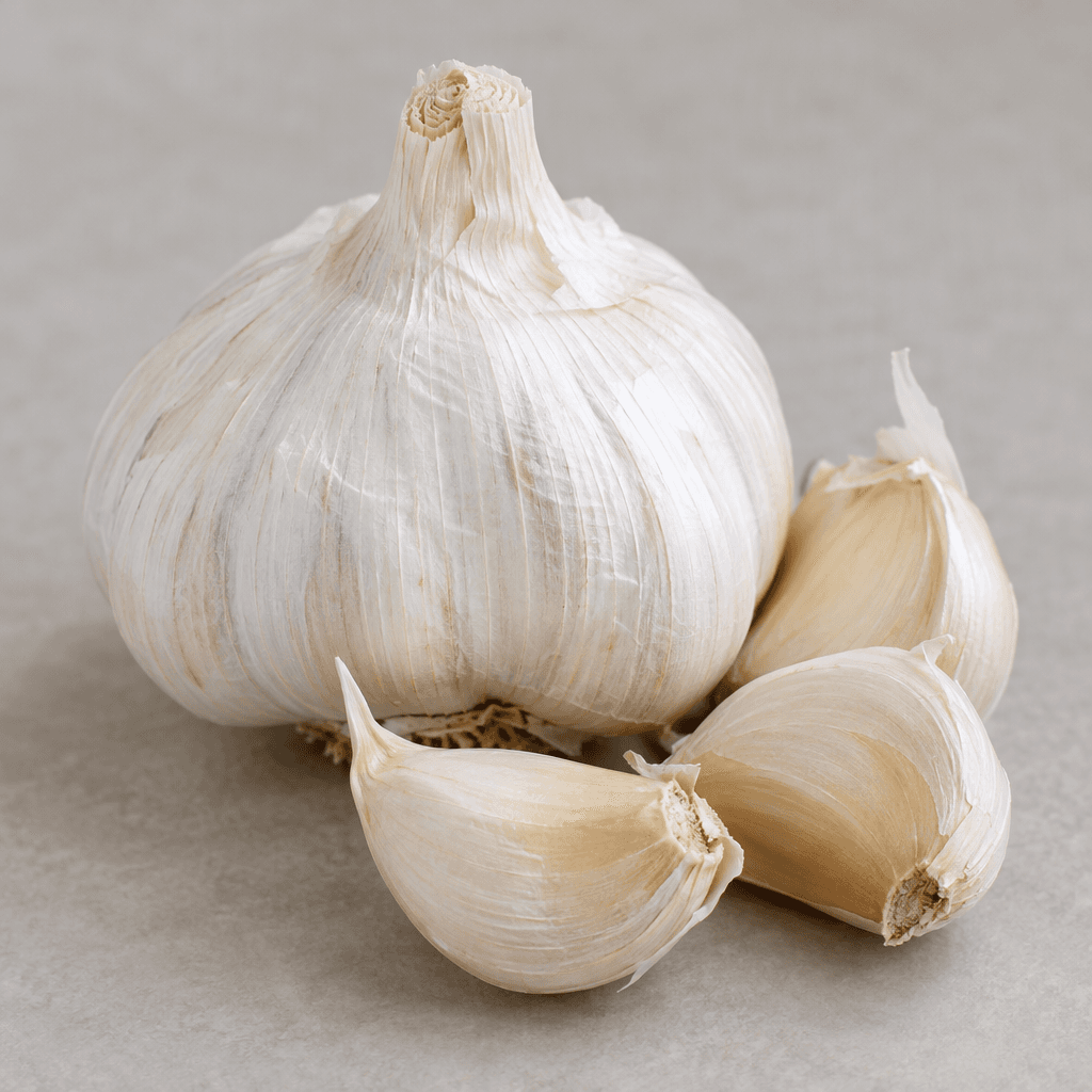A whole garlic bulb with papery white skin, a rounded slightly flattened shape, and several separate creamy-white cloves visible beside it, each wrapped in thin translucent skin.