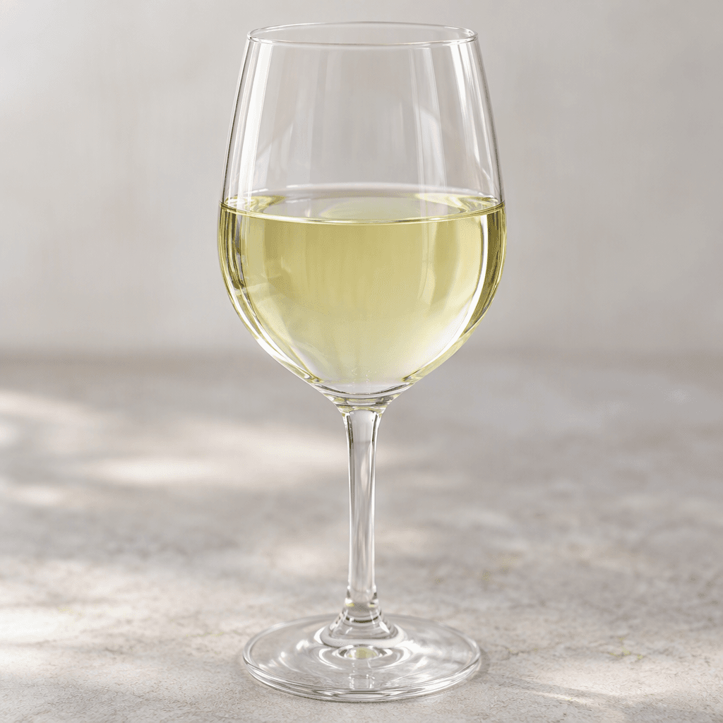Pale straw-yellow wine with a faint green tint sits clear and bright in a stemmed glass.