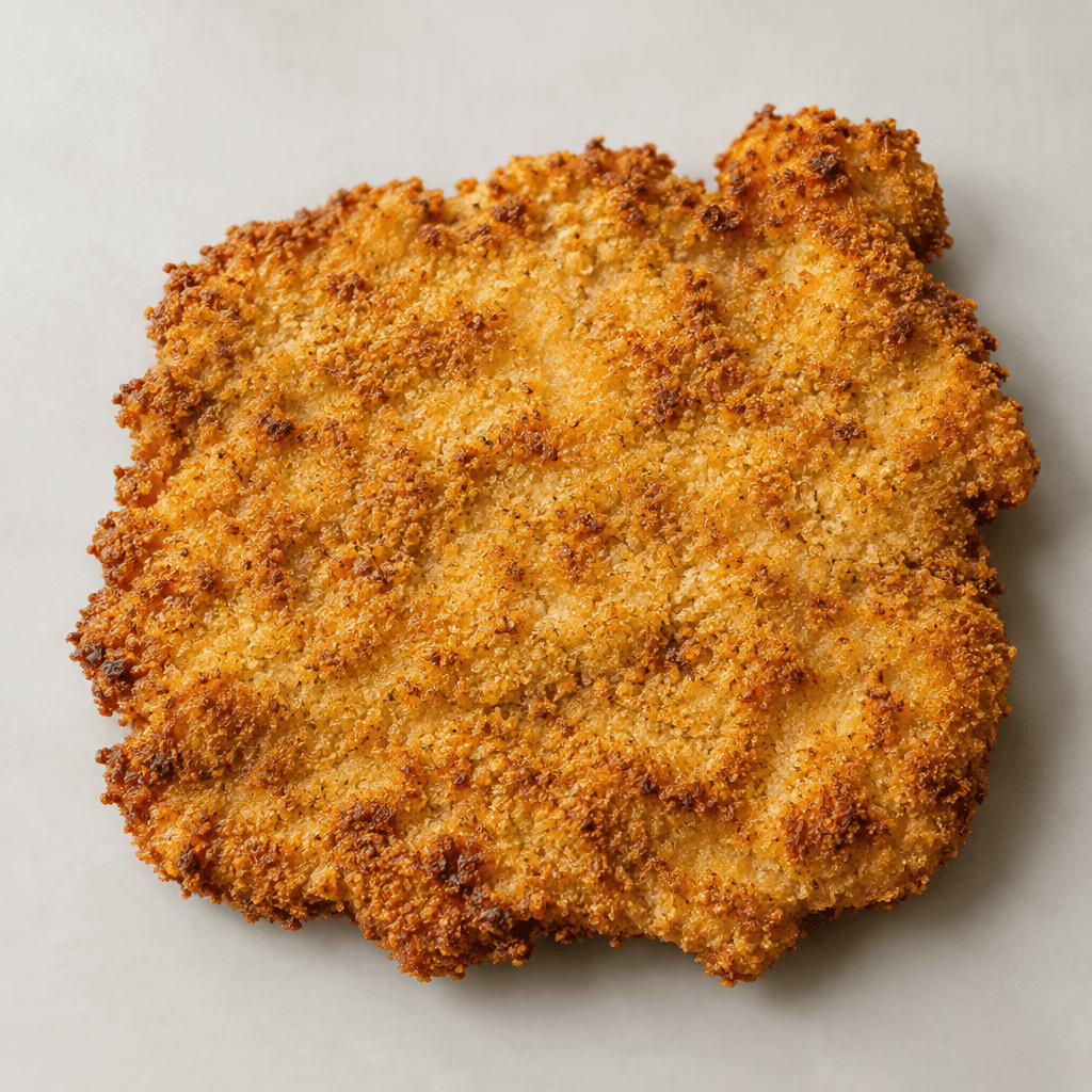 A broad, thin, flattened piece of meat is covered in an uneven, crisp crumb coating, golden yellow with deeper brown patches and slightly irregular edges.