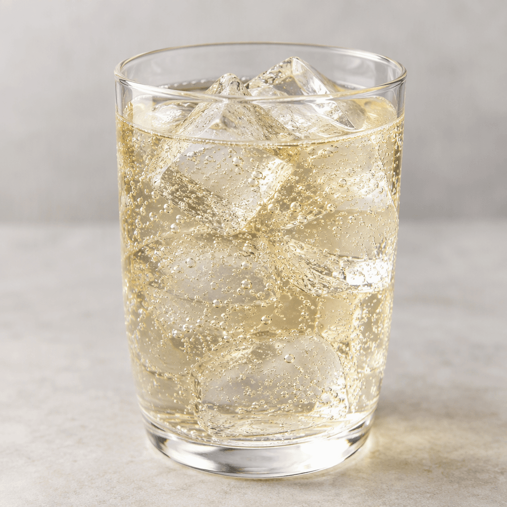 A clear, colorless to pale golden carbonated beverage with fine rising bubbles, served in a transparent glass over ice cubes.