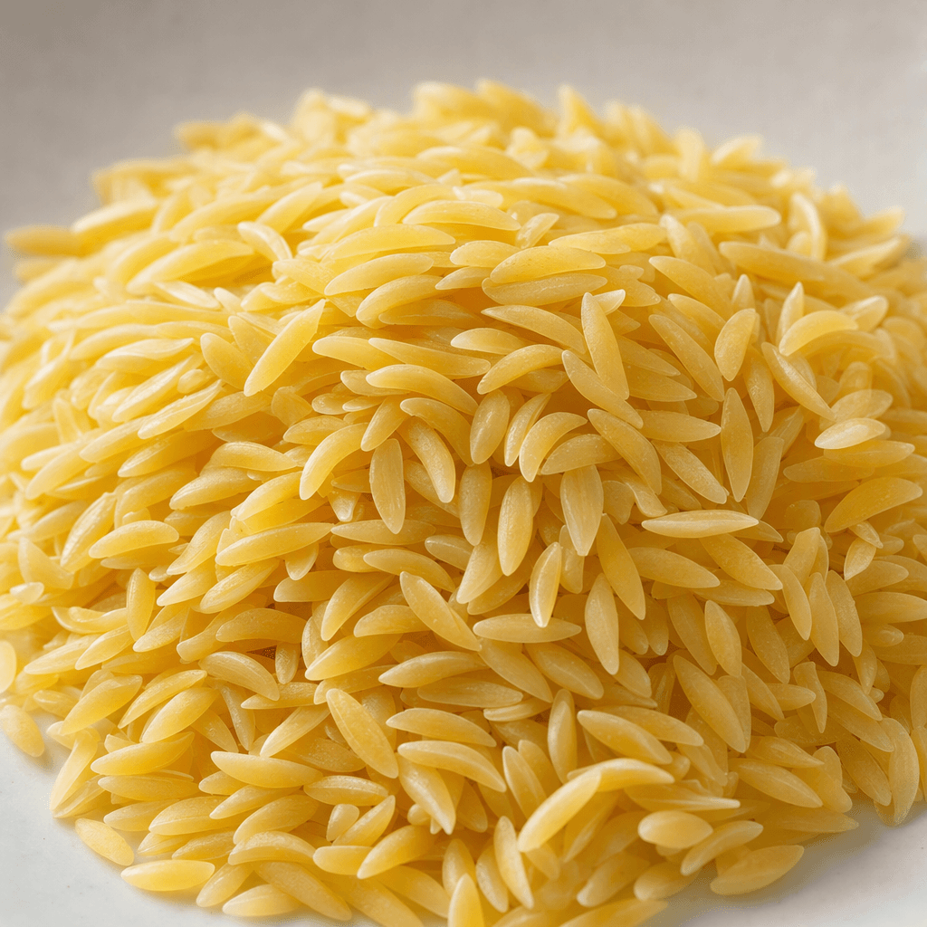 A mound of small, smooth, pale-yellow rice-shaped pasta pieces.