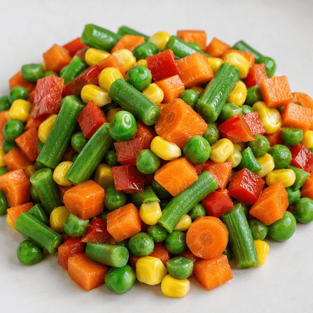 A colorful mix of small diced and sliced vegetables, including orange carrot, bright green peas and beans, yellow corn, and red pepper, loosely piled with crisp, distinct pieces visible throughout.