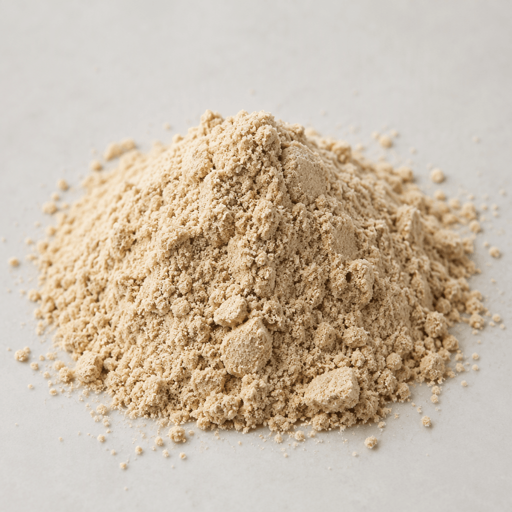 Fine, dry beige plant protein powder sits in a small loose mound, with a soft, slightly grainy texture and a few scattered granules around the edges.