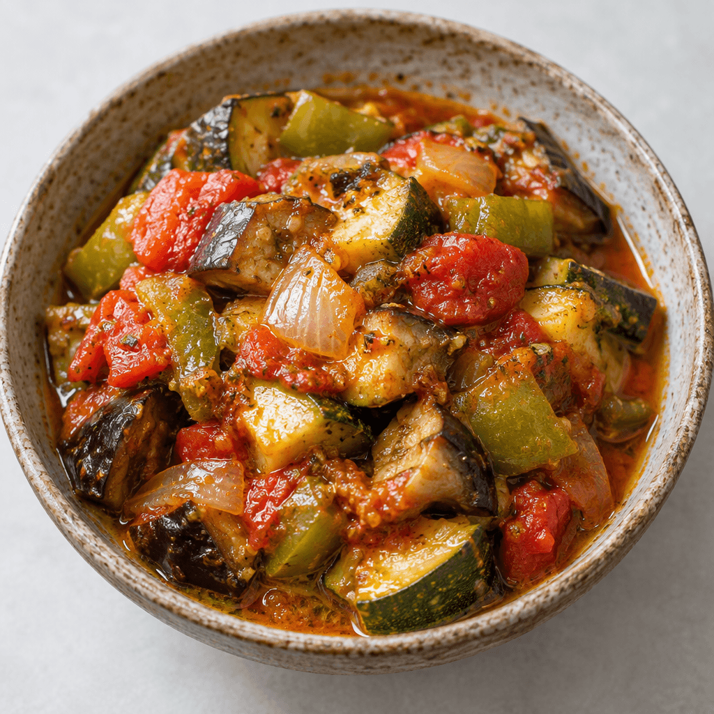A rustic bowl holds chunky pieces of zucchini, eggplant, tomato, onion, and green pepper in a red-orange, olive-oil-glossed sauce, with softened edges and small pools of oil visible on the surface.