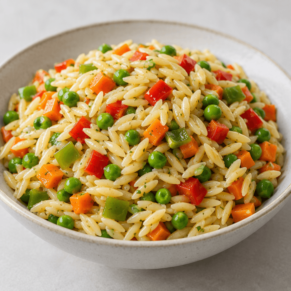 A mound of small rice-shaped orzo pasta mixed with visible diced carrots, green peas and red and green peppers, showing pale golden grains with bright vegetable colours and a lightly glossy, fluffy texture, served in a shallow bowl.