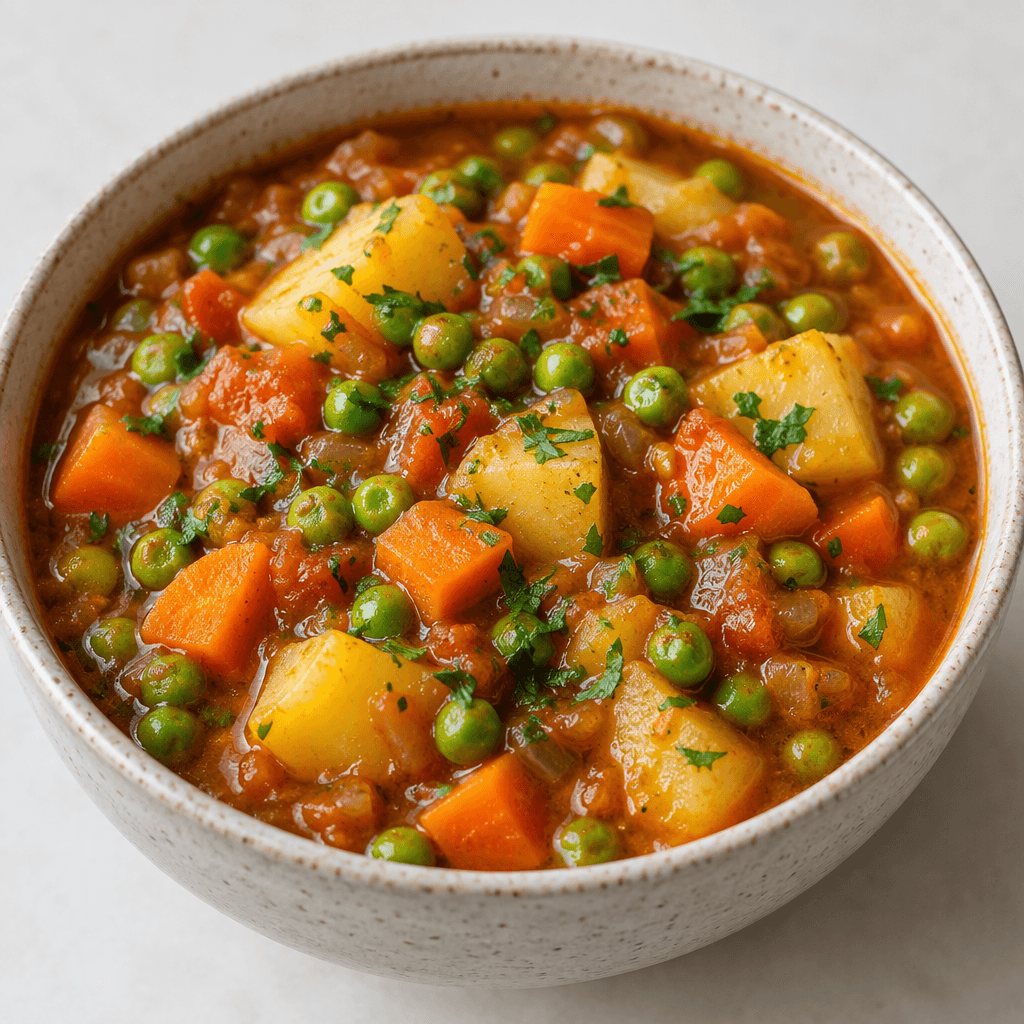 A bowl of thick, rustic vegetable stew with bright green peas, orange carrot cubes and pale yellow potato pieces visible in a glossy reddish-orange sauce, with a few chopped green herbs scattered on top.