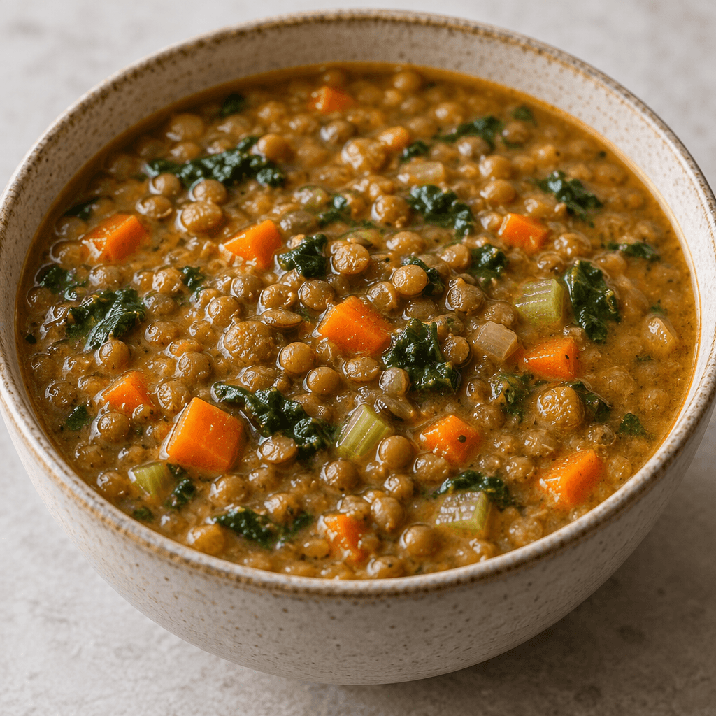 A thick, golden-brown soup fills a bowl, with soft lentils and small pieces of orange carrot and green vegetables visible throughout.