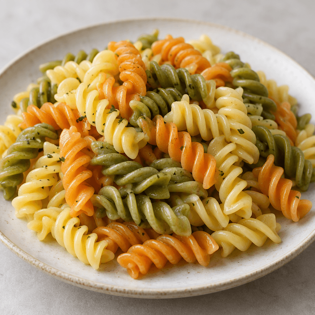 A serving of short spiral pasta in pale yellow, muted green, and orange hues sits on a plate, with the twisted ridges of each piece clearly visible.
