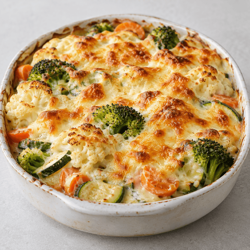 A shallow baking dish holds assorted vegetables such as cauliflower, broccoli, carrots, and zucchini beneath a thick pale cream sauce, topped with melted golden-brown cheese forming a blistered, crusty surface.