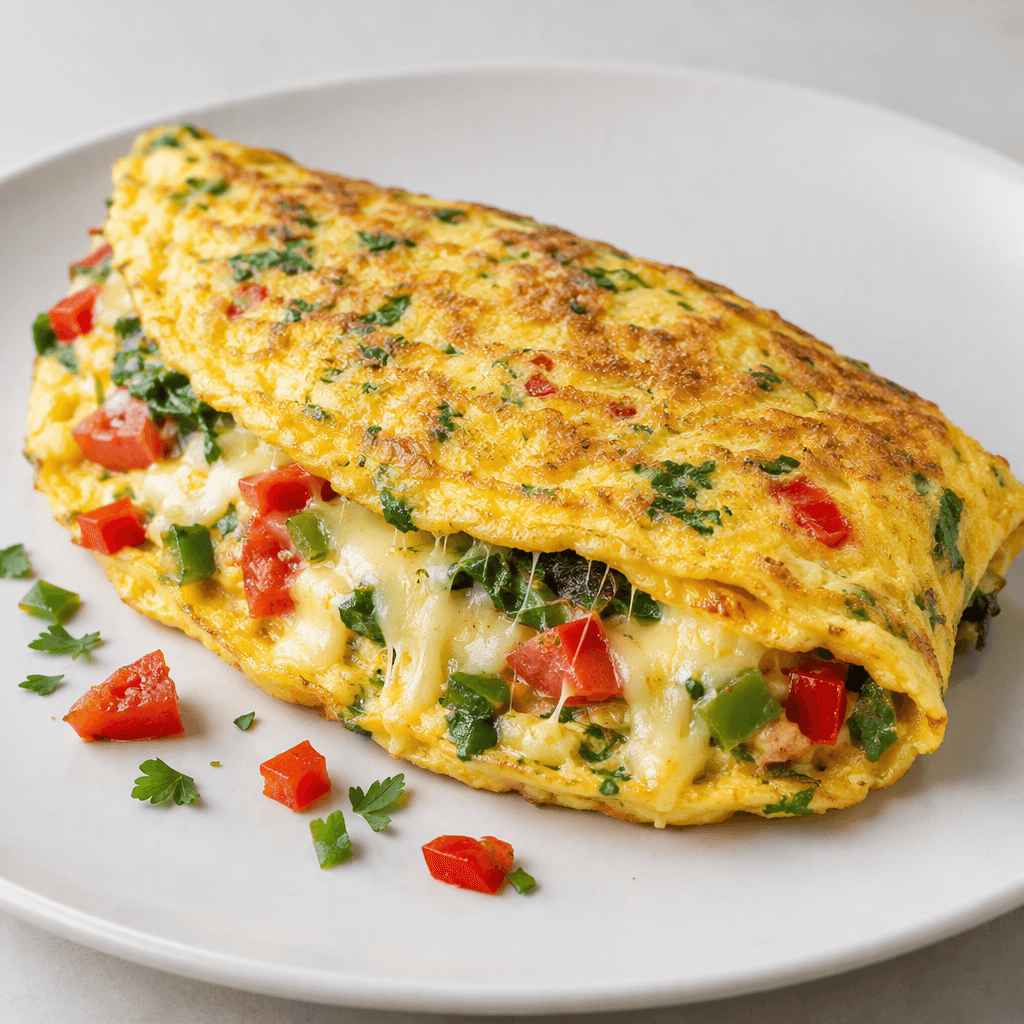 A thick, golden-yellow folded omelette with visible pieces of red and green pepper, tomato and leafy herbs inside, melted pale straw-yellow cheese stretching slightly at the cut edge, served on a plain plate with a few scattered vegetable pieces beside it.