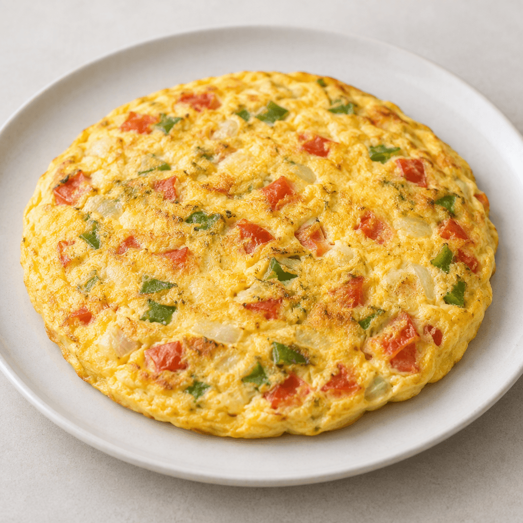 A golden-yellow omelet with a softly set surface, dotted with small pieces of red tomato, green pepper, and pale onion, served whole on a plate.