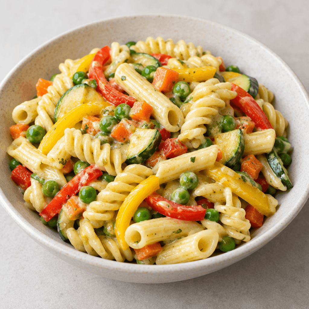 Short pasta spirals and tubes are mixed with visible strips of red and yellow bell pepper, green zucchini, bright green peas, and small orange carrot pieces, lightly coated in a glossy pale sauce and served in a shallow bowl.