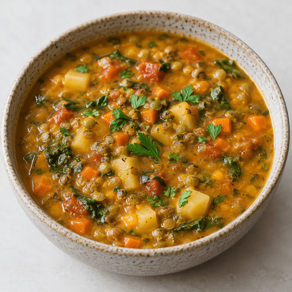 A thick, golden-orange soup with visible green and brown lentils, small diced carrots, potatoes, tomatoes, and leafy herbs, served in a deep ceramic bowl with a slightly textured surface and a few fresh herb leaves scattered on top.