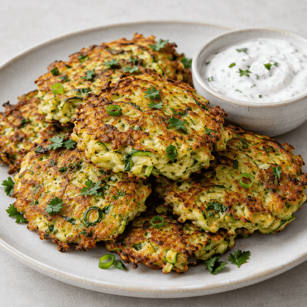 Several irregular, round vegetable fritters with crisp deep golden-brown edges and green-flecked, tender interiors are stacked on a plate, with shredded zucchini, fresh herbs and scallions visible throughout and a small bowl of white yogurt alongside.