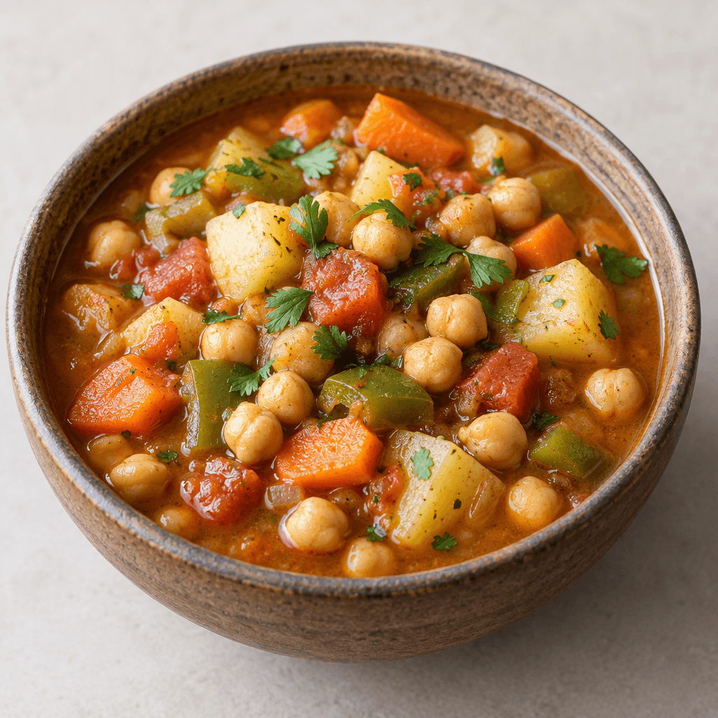 A rustic bowl holds plump beige chickpeas and chunky pieces of orange carrot, red tomato, green pepper, and pale potato in a thick reddish-golden vegetable broth, with a few green herb leaves scattered on top.