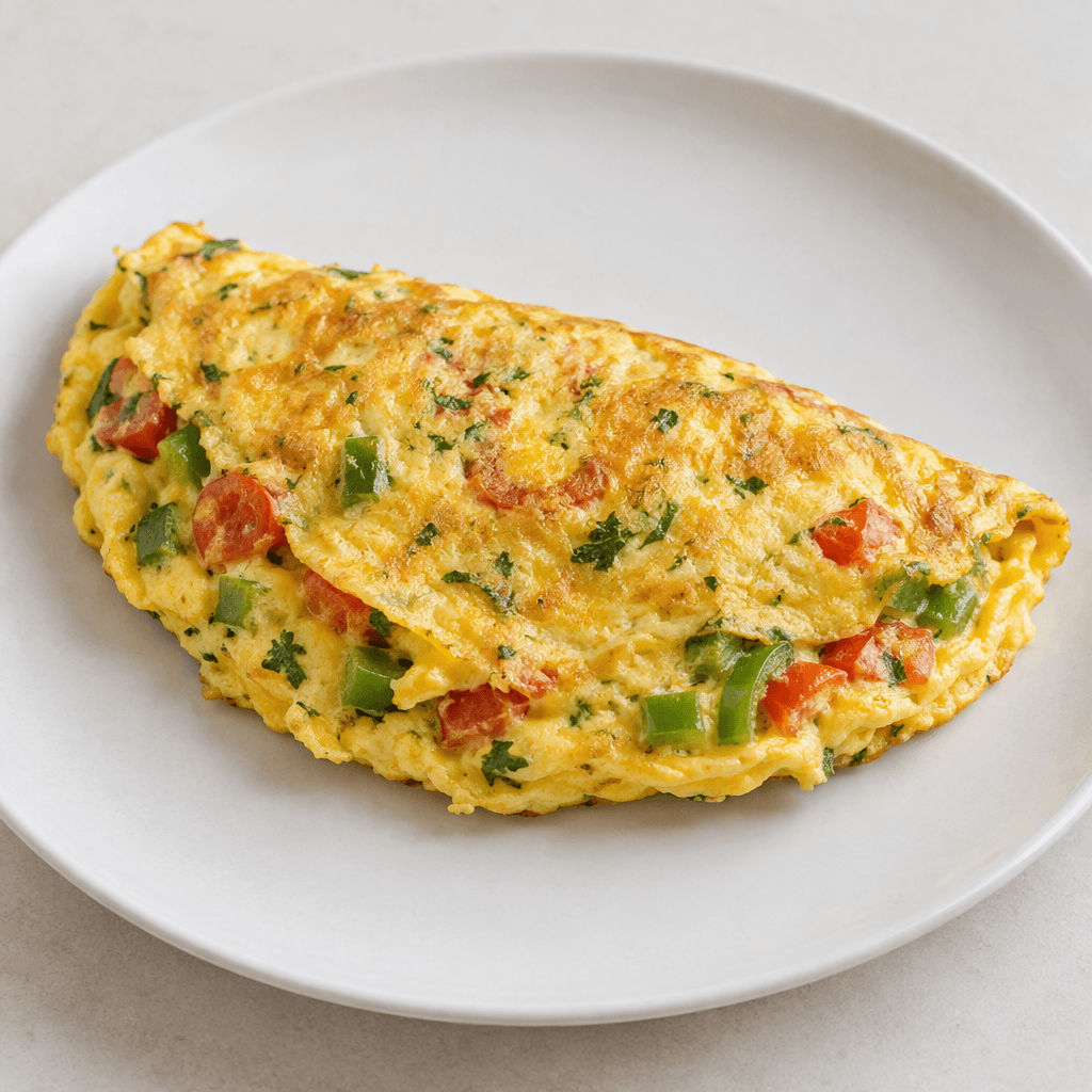 İçi yeşil biber, kırmızı domates parçaları ve ince kıyılmış otlarla görünen, altın sarısı renkte yumuşakça katlanmış bir omlet; hafifçe sertleşmiş yüzeyi ve düzensiz, narin kenarlarıyla sade bir tabakta bütün olarak servis edilir.
