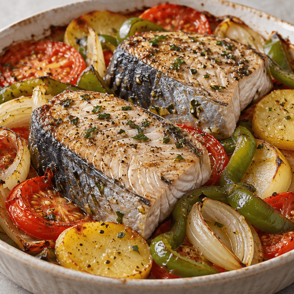 Thick, skin-on bonito steaks sit among slices of potato, tomato, onion and green pepper, with the fish’s pale flaky flesh and dark silver skin visible against the colorful vegetables.