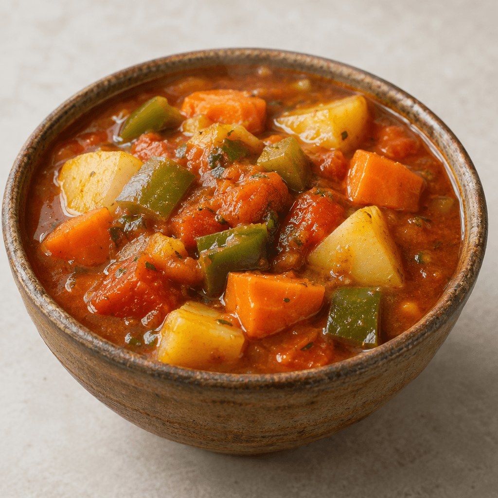Chunky pieces of potato, carrot, green pepper and tomato sit in a thick, glossy reddish broth, served hot in a rustic bowl with the vegetables clearly visible above the surface.